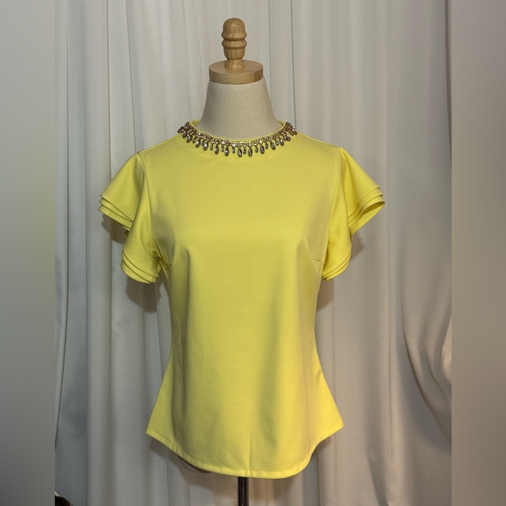 Bright Yellow Blouse with Rhinestone Collar